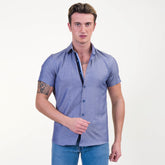 Solid Denim Blue Mens Short Sleeve Button up Shirts - Tailored Slim Fit Cotton Dress Shirts